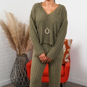 Alice Ribbed Knit Sweater V Neck Loungewear Two Piece Set - Olive